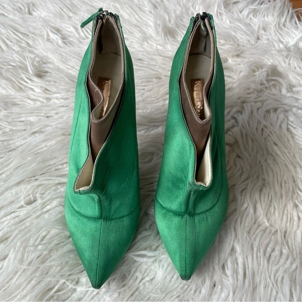 Rupert Sanderson Green Satin Platform Stiletto Kit Kat Ankle Boots Size 36.5